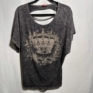 T Party Fashion Black Mineral-Wash Short Sleeve Tee with Crown Graphic